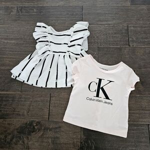 New Calvin Klein Toddler White and Black Striped Dress & Pink Logo T-Shirt Sz 2T